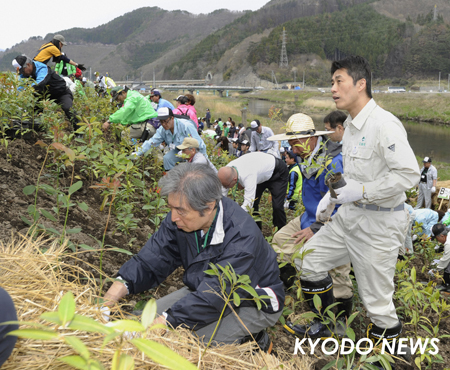 ◎がれき利用の防潮堤造成 苗木を植える細野環境相